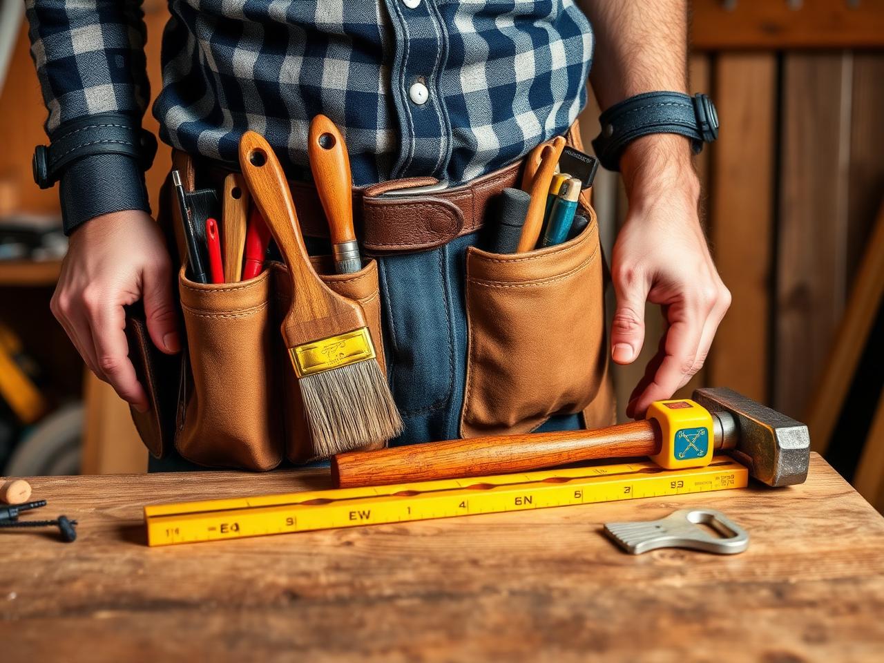 Handyman tool belt with paint brushes and hammer